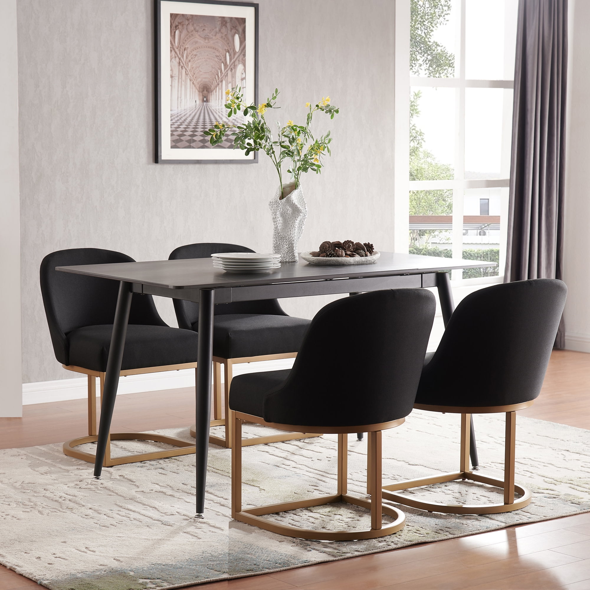 Upholstered Barrelback Dining Chair with Gold Metal Base, Set of 2
