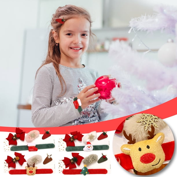 Kit de 4 Pinzas Navideñas con Lazo, Horquillas Pequeñas con Forma de Reno y Calcetín de Papá Noel, Bonitos Accesorios Navideños para El Cabello para Niñas, Mujeres, Niños y Bebés, Regalos de