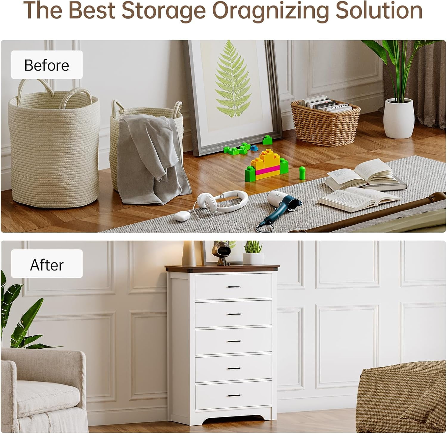 Farmhouse 5 Drawer Dresser for Bedroom, 47" Tall Chest of Drawers, Wood White Dresser with Deep Drawers, Storage Dressers Organizer for Bedroom, Living Room, Hallay, White
