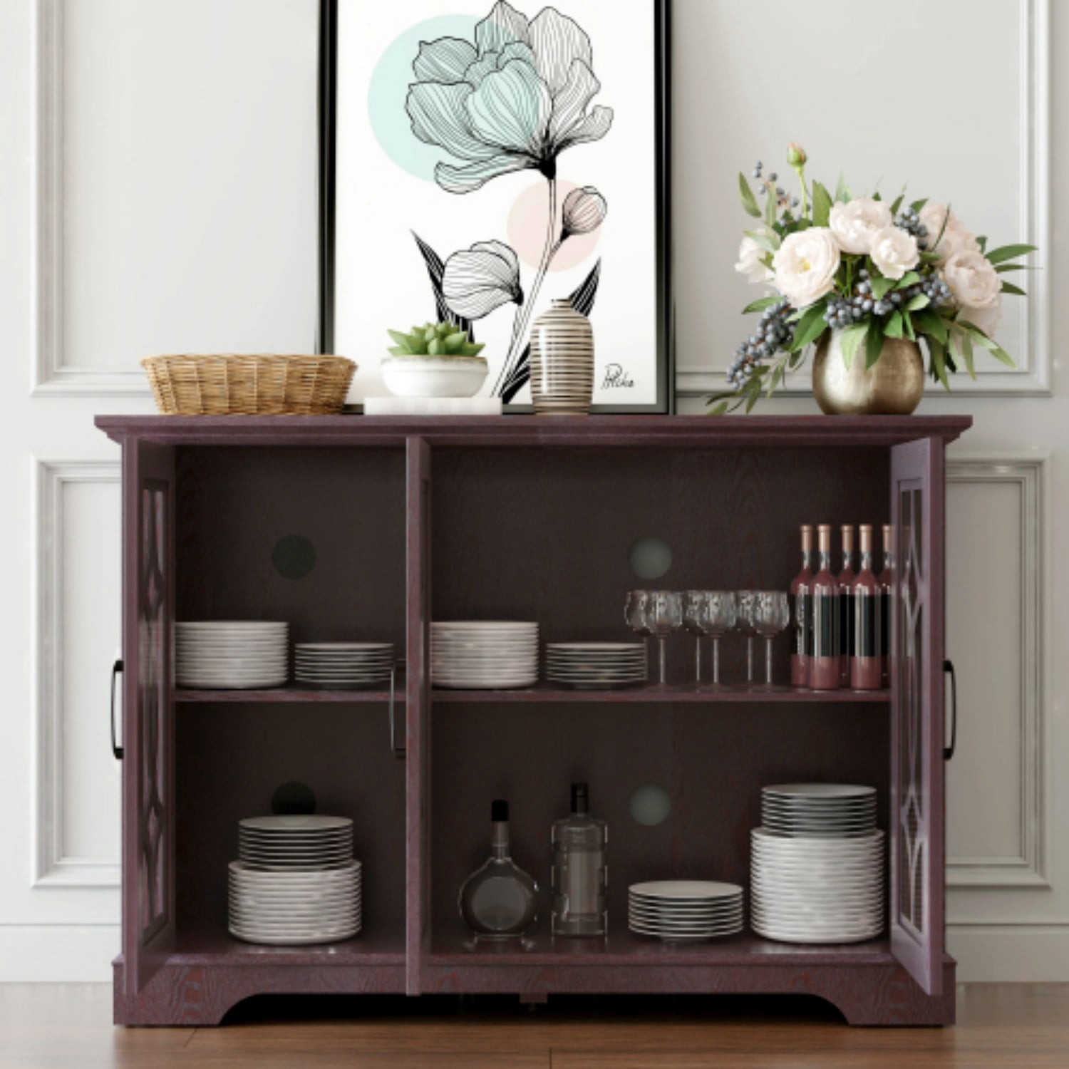 48.66" 3-Door Glass Sideboard Buffet Cabinet, MDF Storage Credenza with Adjustable Shelf, Tempered Glass Display Cabinet for Dining Room Kitchen Living Room, Ox Blood Red