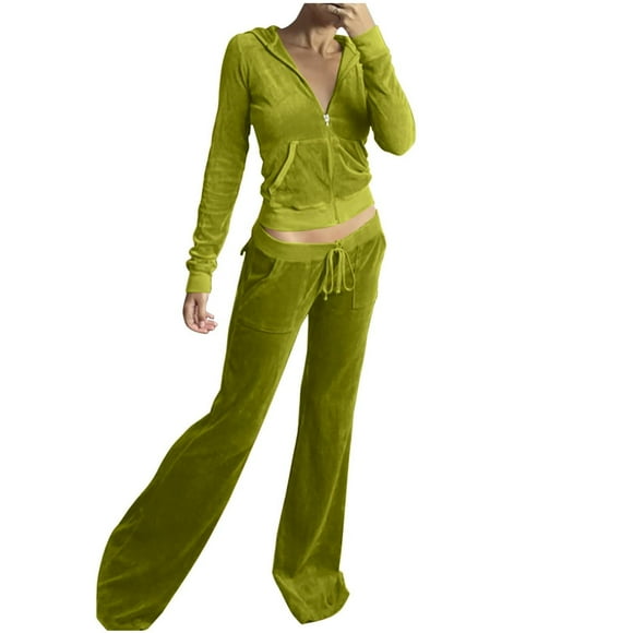 FADAACAI Matching Sweatsuits Women Velour Sweat Suits 2 Piece Outfits Tracksuits Zip Up Hooded Jacket Wide Leg Pants Y 2k Suit Womens Sweatsuits Sets Lounge Sets for Women Green 2XL Clearance!