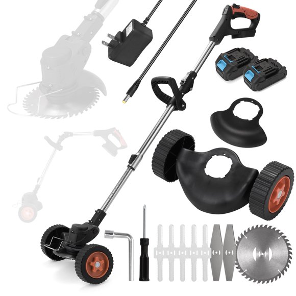 TFixol Cordless Folding Electric Grass Trimmer with Adjustable Head, Dual Wheels, and Safety Lock - 90° Foldable Design, 2 Batteries & Charger Included, 110V US Standard, Black