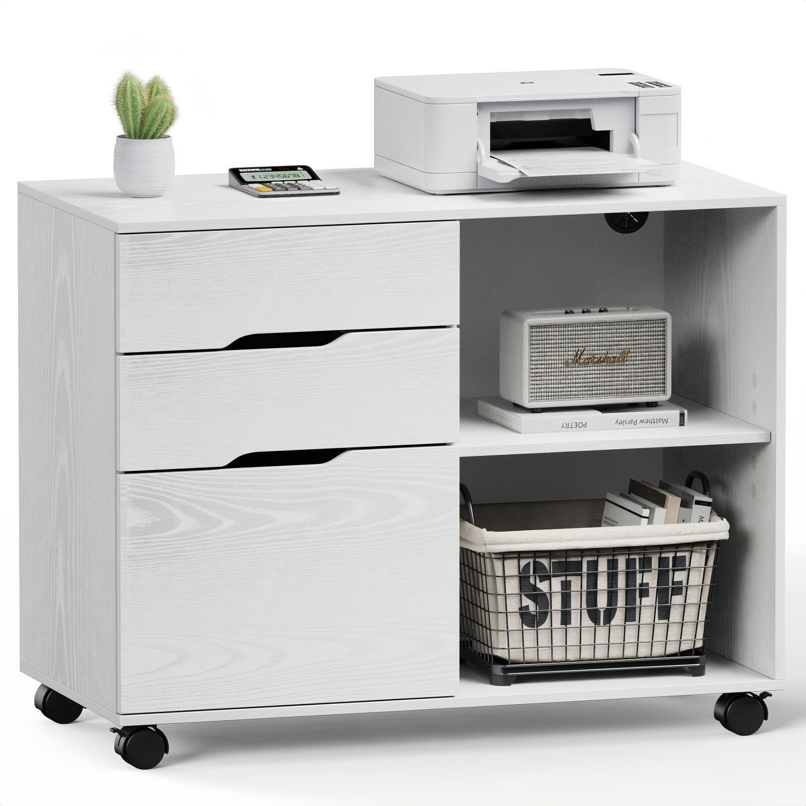 Kelno File Cabinet with 3 Drwaers Lockable Wheel Under Desk Printer Stand Lockable Casters Lateral Filing Cabinet, White