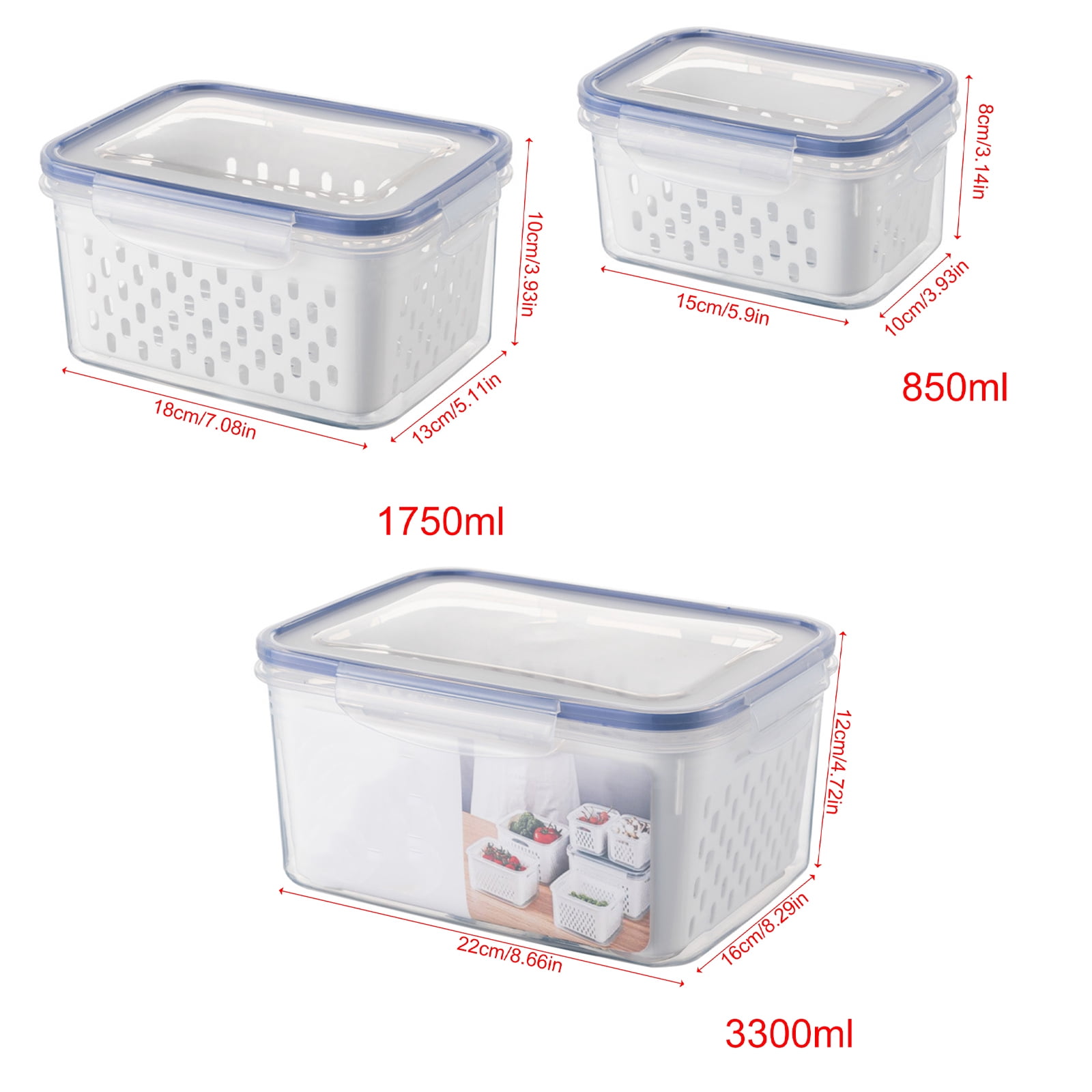 3 Packs Fruit Storage Containers with Airtight Lid & Removable Colander, Fresh Produce Save Fruit Vegetable Container Fridge Organizers for Salad Mix Lettuce Berry Meat Food, Fruit Veggie Baskets