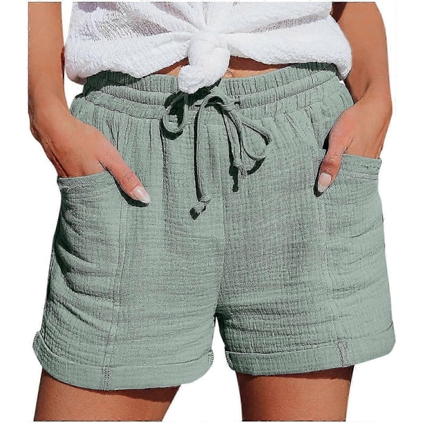 Women's Shorts Summer Fashion Casual Muslin Trousers With High Waist Straight Leg Sport Casual Loose Shorts With Drawstring Short