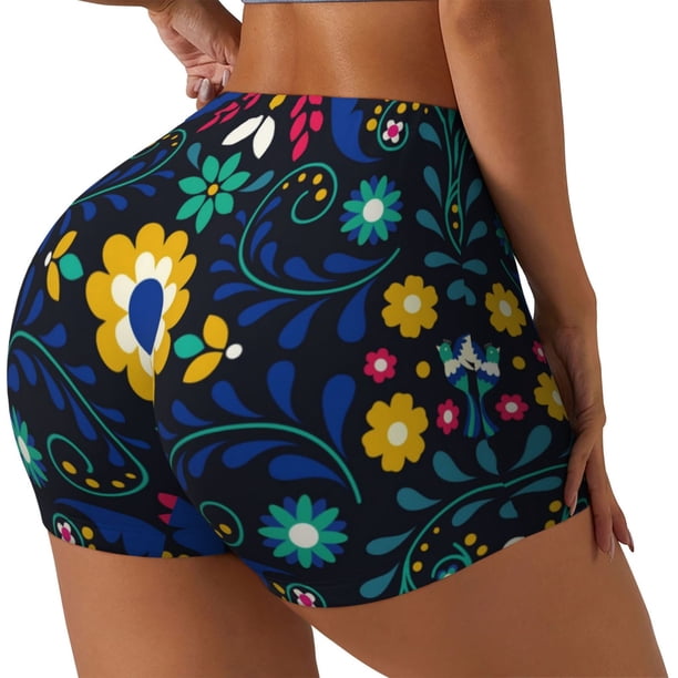 Balery Colorful Mexican Flower Pantalones cortos de entrenamiento estampados para mujer, sin costuras, ajustados, para gimnasio, yoga, correr, deportes, ejercicio activo, fitness.-Medium