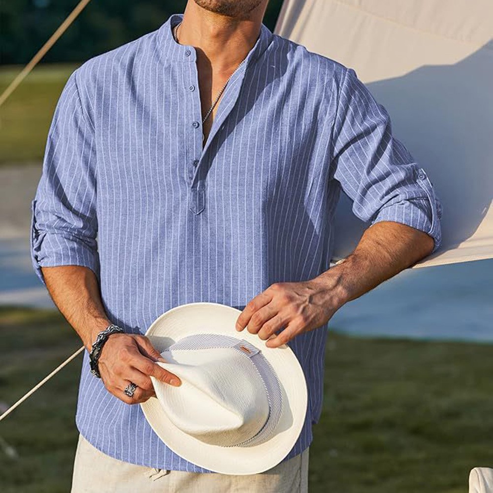 Mens Retro Collarless Grandad Striped Shirts Tops Causal