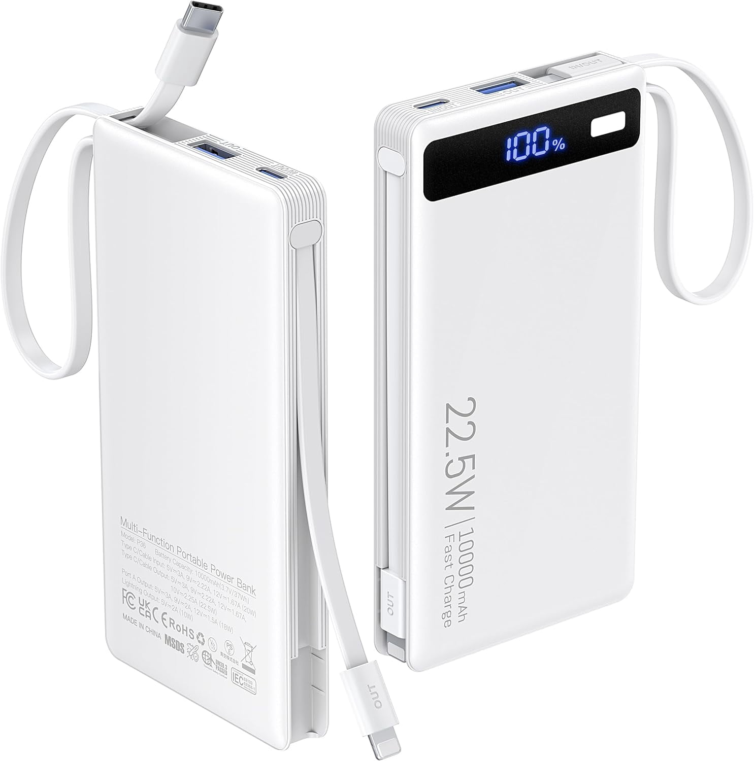 RGHJAR-Power Bank with 2 Built-in Cables 10000mAh, 22.5W PD Slim Portable Charger USB C Battery Pack, Travel Essentials Fast Charging Powerbank Compatible with iPhone 17 16 15 Plus Pro Samsung iPad e