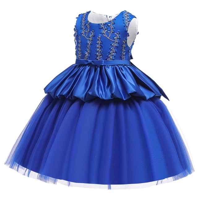 Vestido Para Niñas, Ropa Para Niñas Pequeñas, Color Sólido, Bordado De Hojas, Hilo De Red, Lazo, Fiesta De Cumpleaños, Vestido De Flores, Vestidos Para Niños, Azul Odeerbi LM103-8810