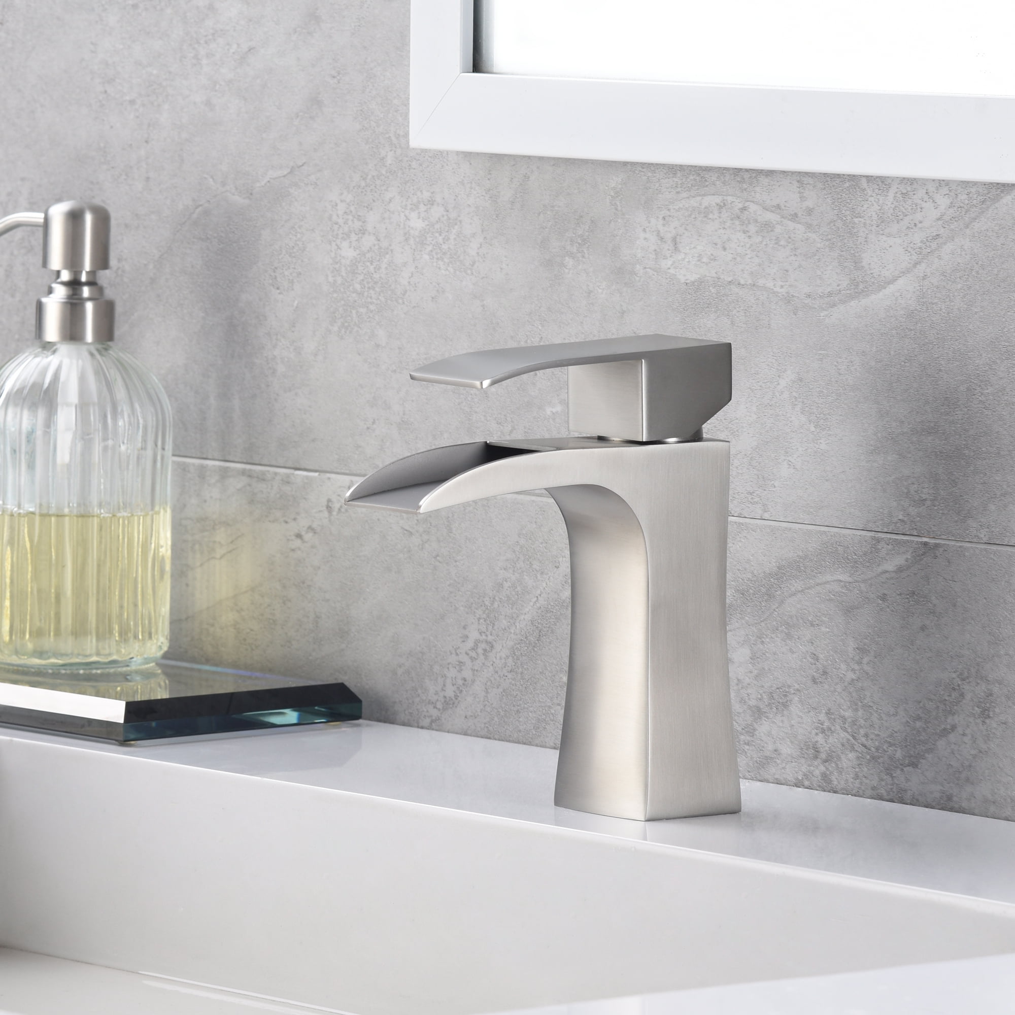 SUMERAIN Bathroom Faucet Brushed Nickel Single Hole Waterfall Bathroom Sink Faucet Stainless Steel Vanity Faucet