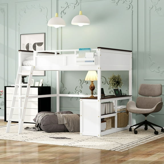 Euroco Solid Wood Queen Size Loft Bed with Built-in Desk & Shelves, USB Charging Station – Space-Saving Study Bed for Adults & Teens