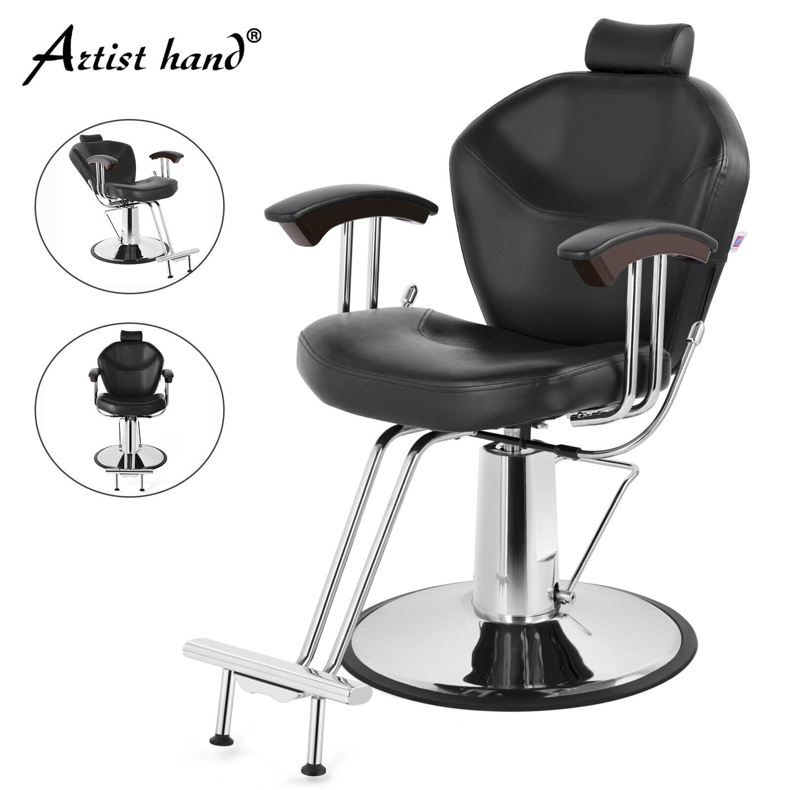 Artist Hand Black Reclining Barber Chair Salon Chair, Both Sides Levers