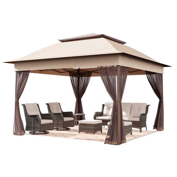 Meetleisure 11'x11' Pop Up Gazebo for Patios, Outdoor Canopy Tent with Sidewalls, Mosquito Netting, Pop Up Shelter for Wedding Party, Beige