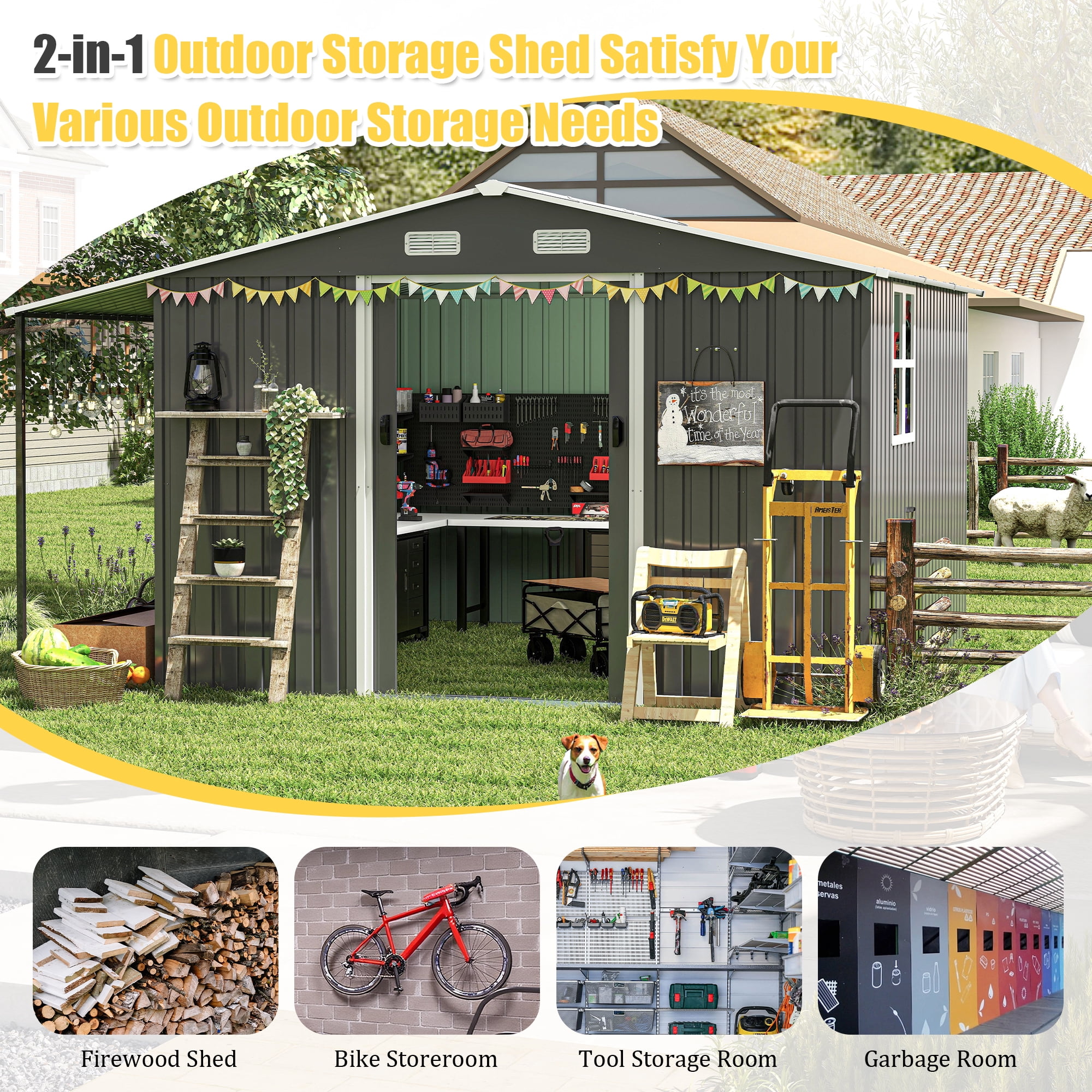 Leumius 10x12 Ft Outdoor Storage Shed, Extra Large Metal Shed with Lockable Doors, Windows, Outside Steel Tiny House Ideal for Garden Backyard Patio Utility Tool Storage Chicken Coops Dark Gray