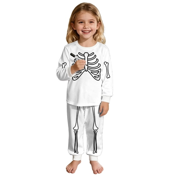 Yuncity Girls Pajamas Halloween Printed Hand Drawn Long Sleeve Sleepwear Loungewear 2 Piece Outfit For Daily Lounging Size 3-4 Years White
