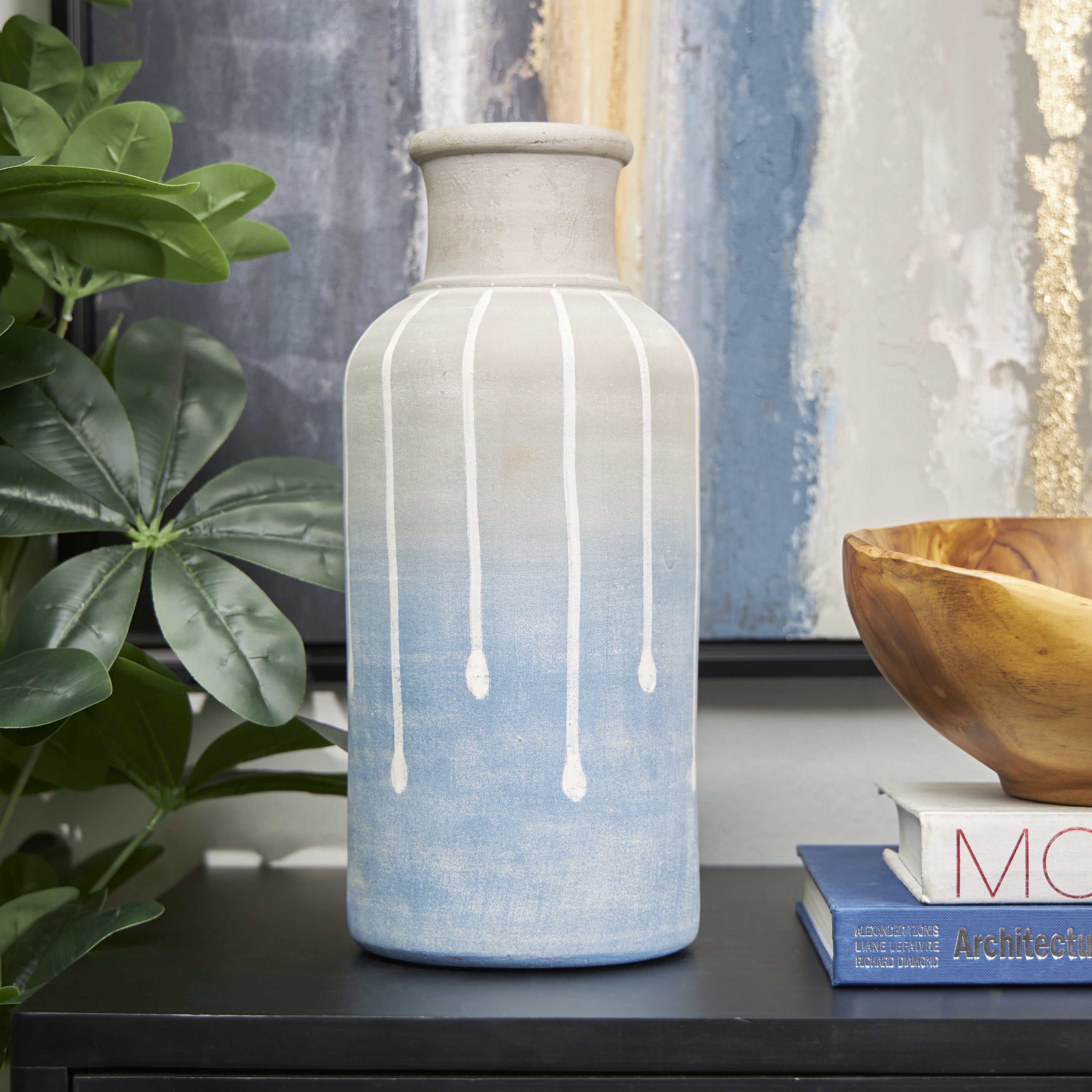DecMode 15" Abstract Ombre Drip Blue Ceramic Vase with Gray and White Accents