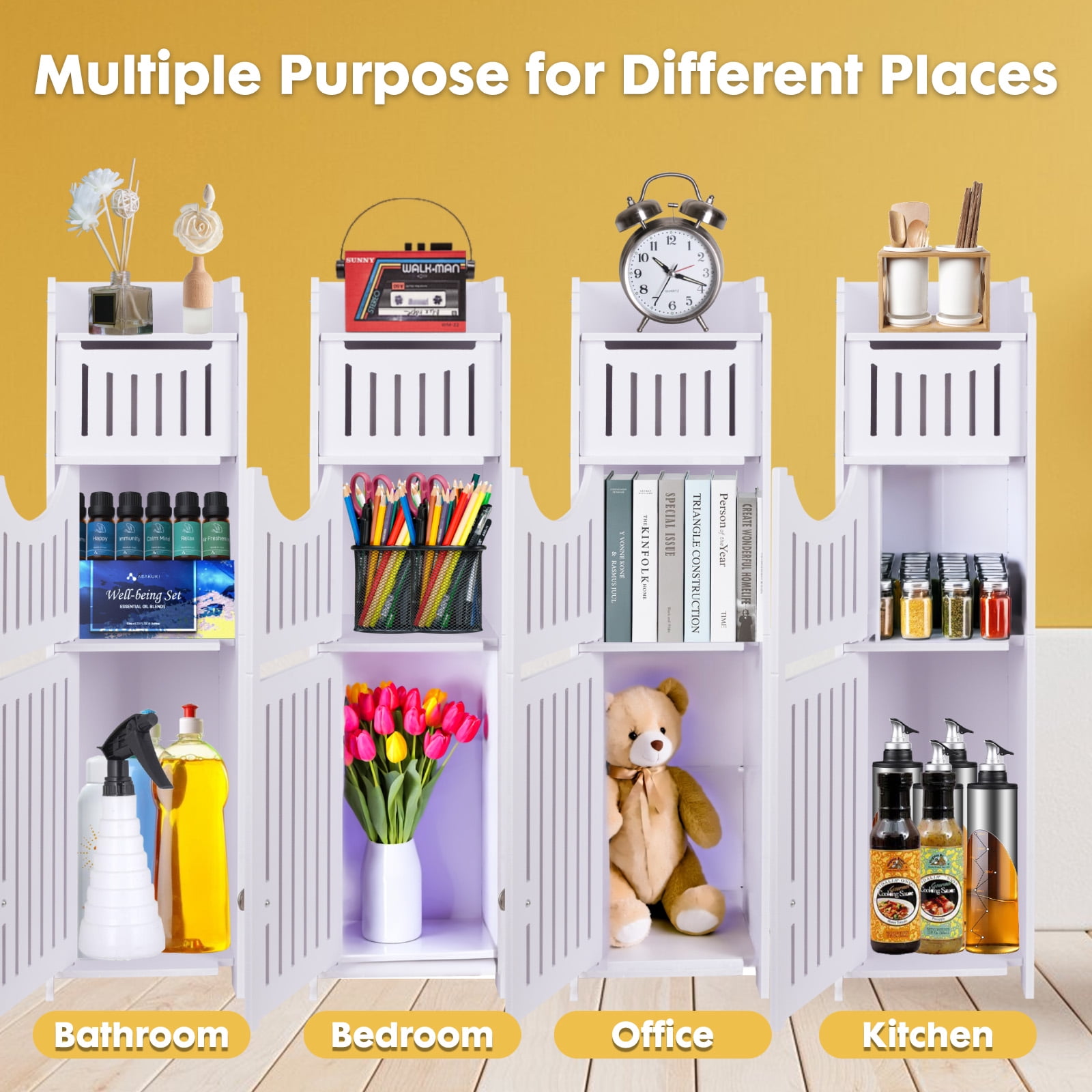 YOYTOO Bathroom Storage Cabinet with 2 Doors and 2 Shelves, Free Standing Toilet Paper Holders Stand Organizer for Small Spaces, White