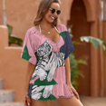 thumbnail image 3 of White Tiger Pink Floral Beach Cover Ups Women V Neck Short Sleeve Dress Coverups Beachwear, 3 of 6