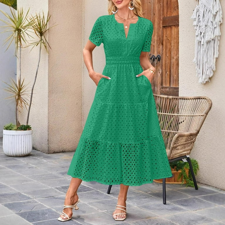 knee length dresses for ladies Pia Green Short-Sleeve Maxi Dress With Cut-Out – Club L London