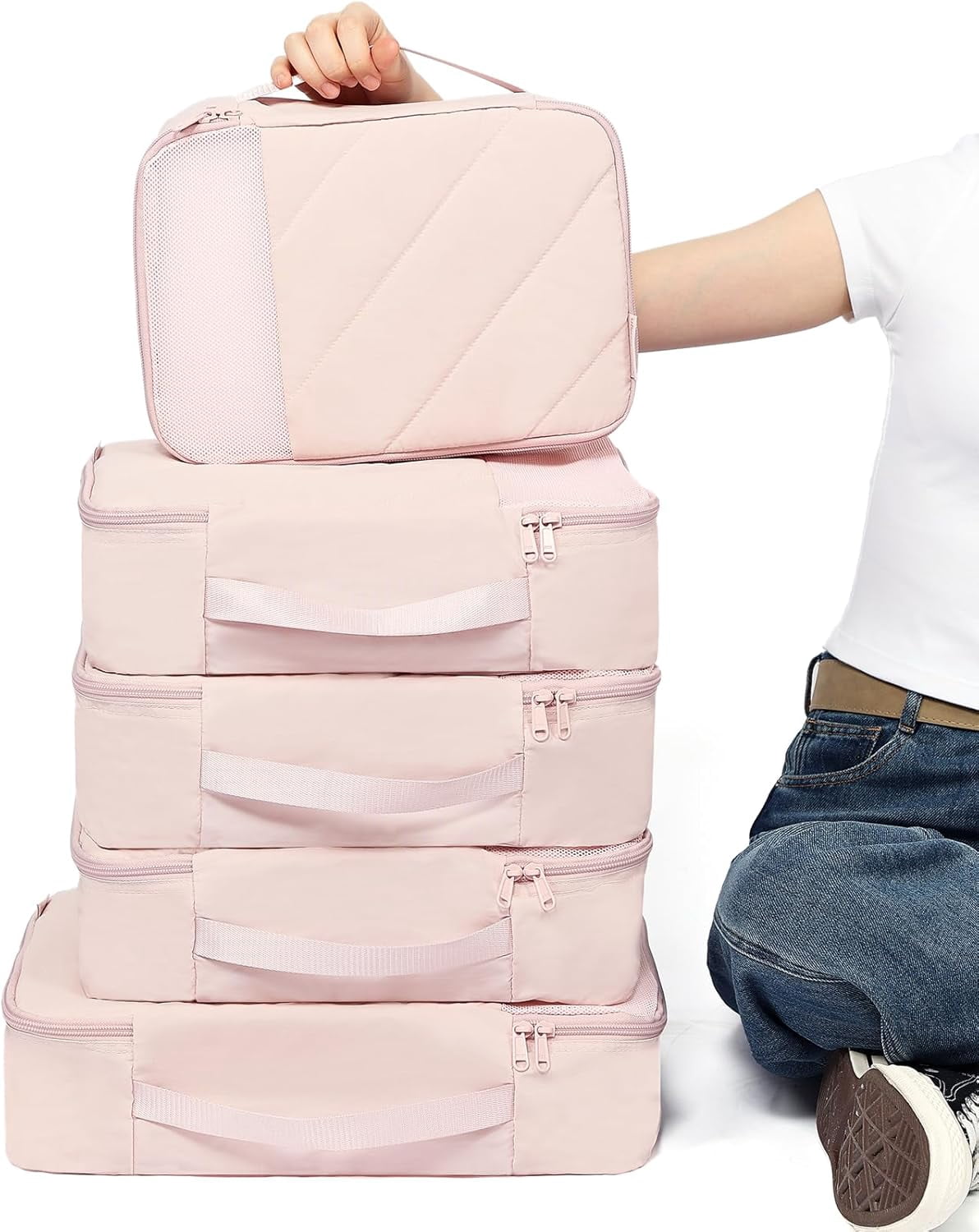 6-Set Packing Cubes for Travel – Luggage Organizer with Shoe Bag – Includes 1 Large, 3 Medium, 1 Small, 1 Shoe Bag – Breathable Mesh, Dual Zips – Pink