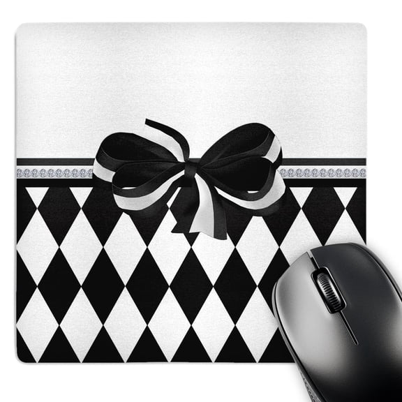 3dRose, Elegant Black and White Harlequin with Printed Bow, MousePad