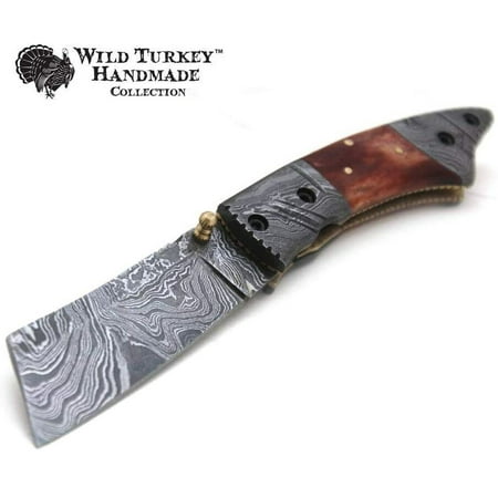 Wild Turkey Handmade Damascus Steel Collection Razor Style Folding Knife