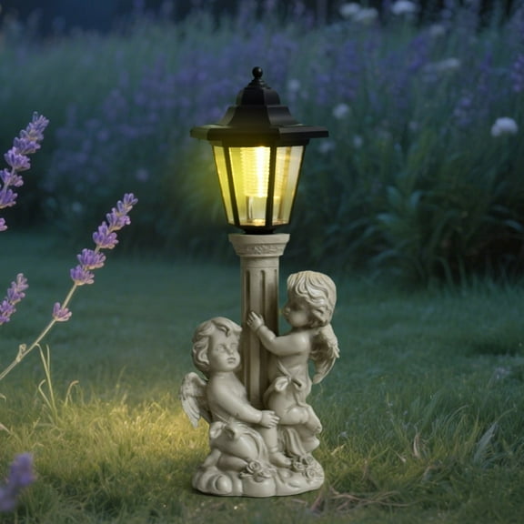 Angel Boy and Girl Statue with Solar Lantern, Outdoor Solar Angel Garden Statue with Roma Pillar for Garden Lawn Patio Yard Deocr, Mother's Day Birthday Gift