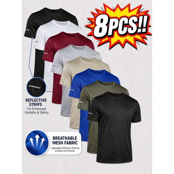 8pcs Men's Quick-Dry Breathable Workout T-Shirts - Solid Color Crew Neck Short Sleeve Tees for Running, Gym & Outdoor Activities, Machine Washable , Workout Clothes, Casual Style Tee
