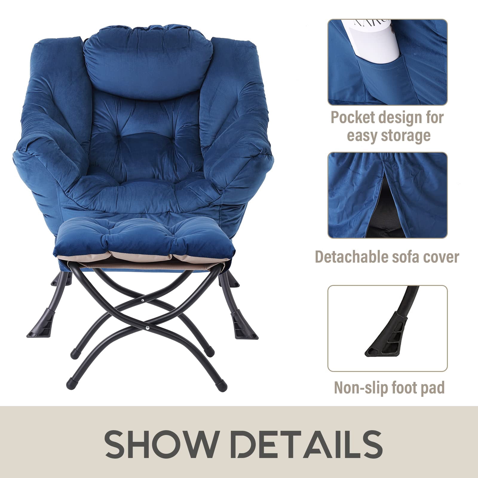 Aukfa Accent Chair with Ottoman,Lazy Lounge Chair with Arm,Side Pocket for Living Room, Blue