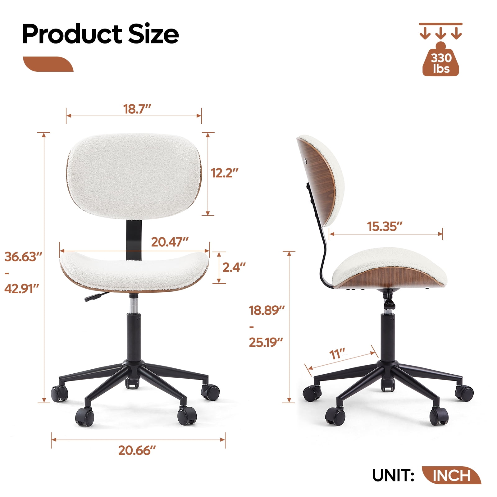 Bestier Bentwood Ergonomic Armless Office Desk Chair with Wheels, Comfy Computer Chair with Lumbar Support, Teddy Mid Back Adjustable Height 360° Rolling Swivel Task Chair No Arm for Home, Off White