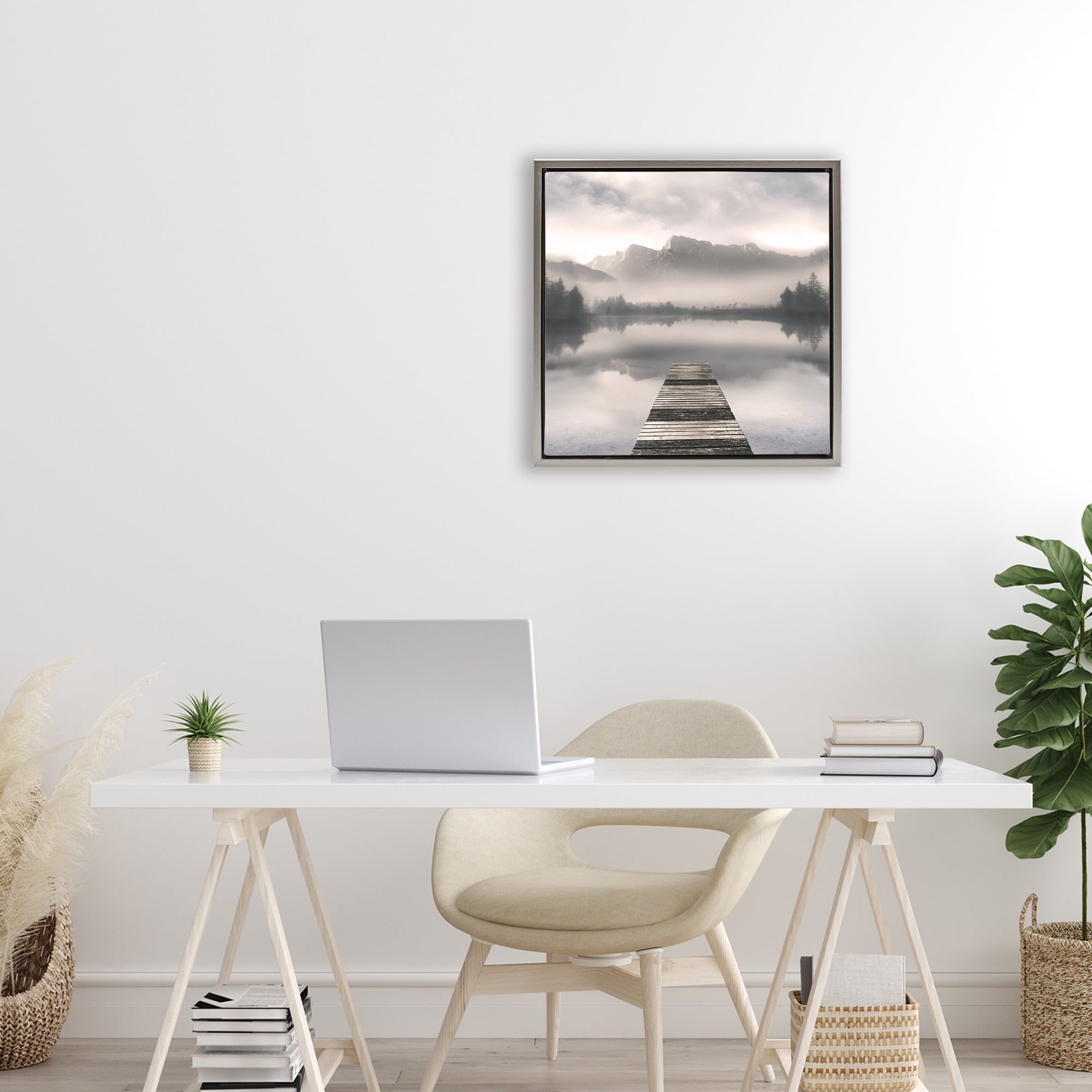 Stupell Industries Calm Reflective Waters & Mountains Gray Framed Floater Canvas Wall Art, design by Irene Weisz