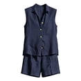 thumbnail image 7 of Mifsaly Summer Short Sets for Women Sleeveless Button Up Shirts and Loose Shorts with Pockets Lightweight Textured Casual Travel Vacation Matching Lounge Outfits Navy,S, 7 of 7