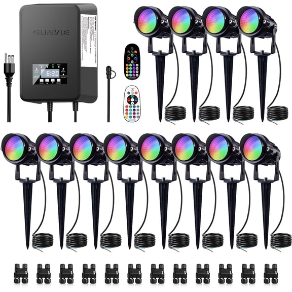 SUNVIE 12 pack RGBW Color Changing Low Voltage Landscape Lighting Kit LED Outdoor Spotlight with 300W Transformer