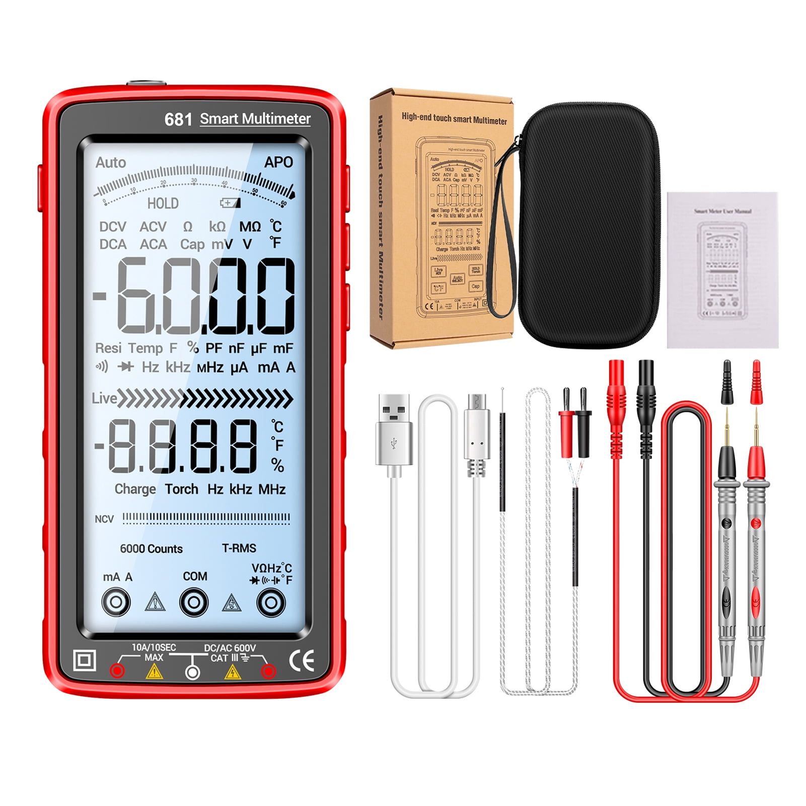 Multimeter ANENG 681 6000 Counts Digital Multimeter Smart Anti-burn Rechargeable Universal Meter NCV Tester 5-inch Large LCD With Backlit Flashlight For Voltage Current Resistance