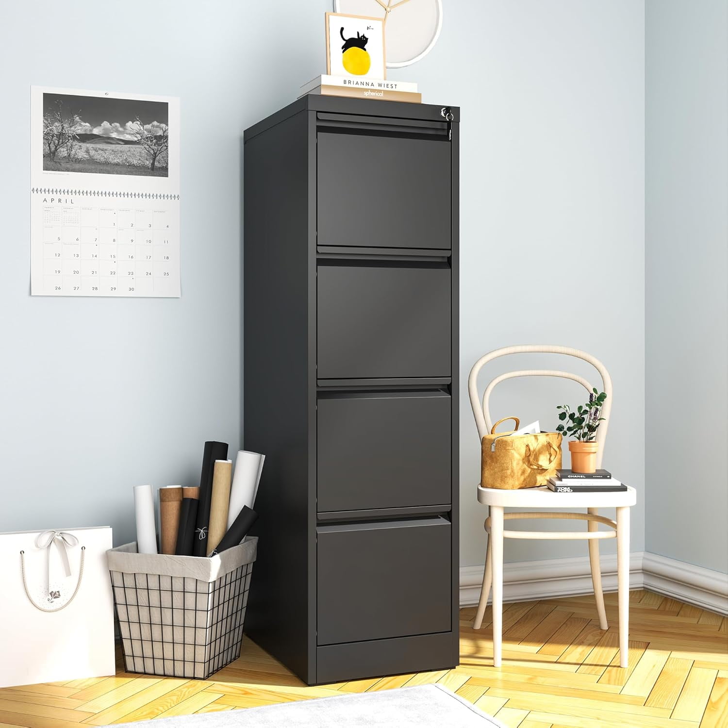 Vertical File Cabinets with Lock for Home Office, Heavy Duty Office Steel Filing Cabinet for Hanging Letters/Legal/A4, Assembly Required