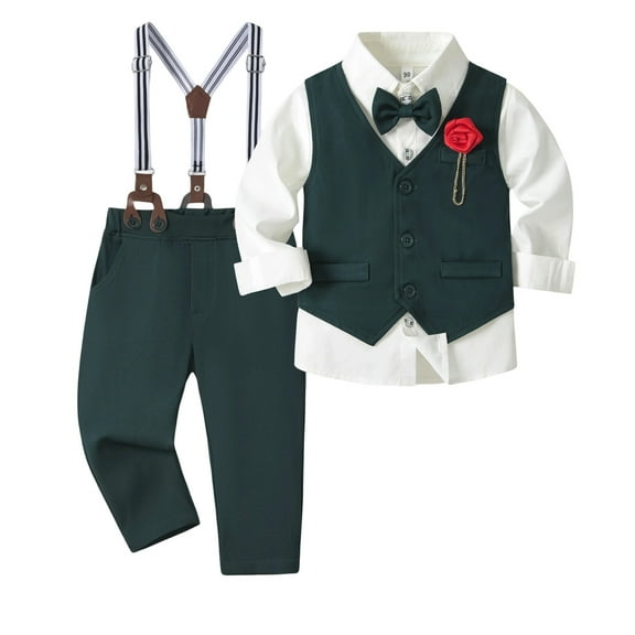 Byoo Toddler Boys Dressy Outfit Sets Long Sleeve Bow Boutonniere Shirt With vest And Overalls 3pc Sets Boys Elegant Formal Outfits