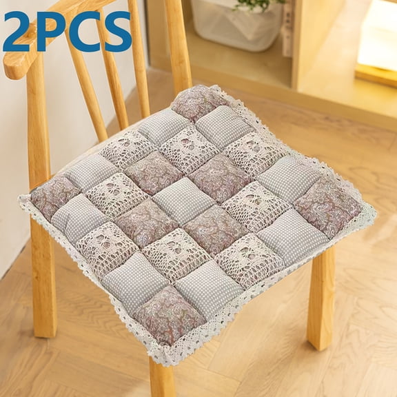 2 Pack 16x16 Inch Patchwork Chair Pads with Ties, Non-Slip Lace Trim Chair Cushions, Farmhouse Floral Print Kitchen Dining Seat Pads for Home Restaurant (Brown)