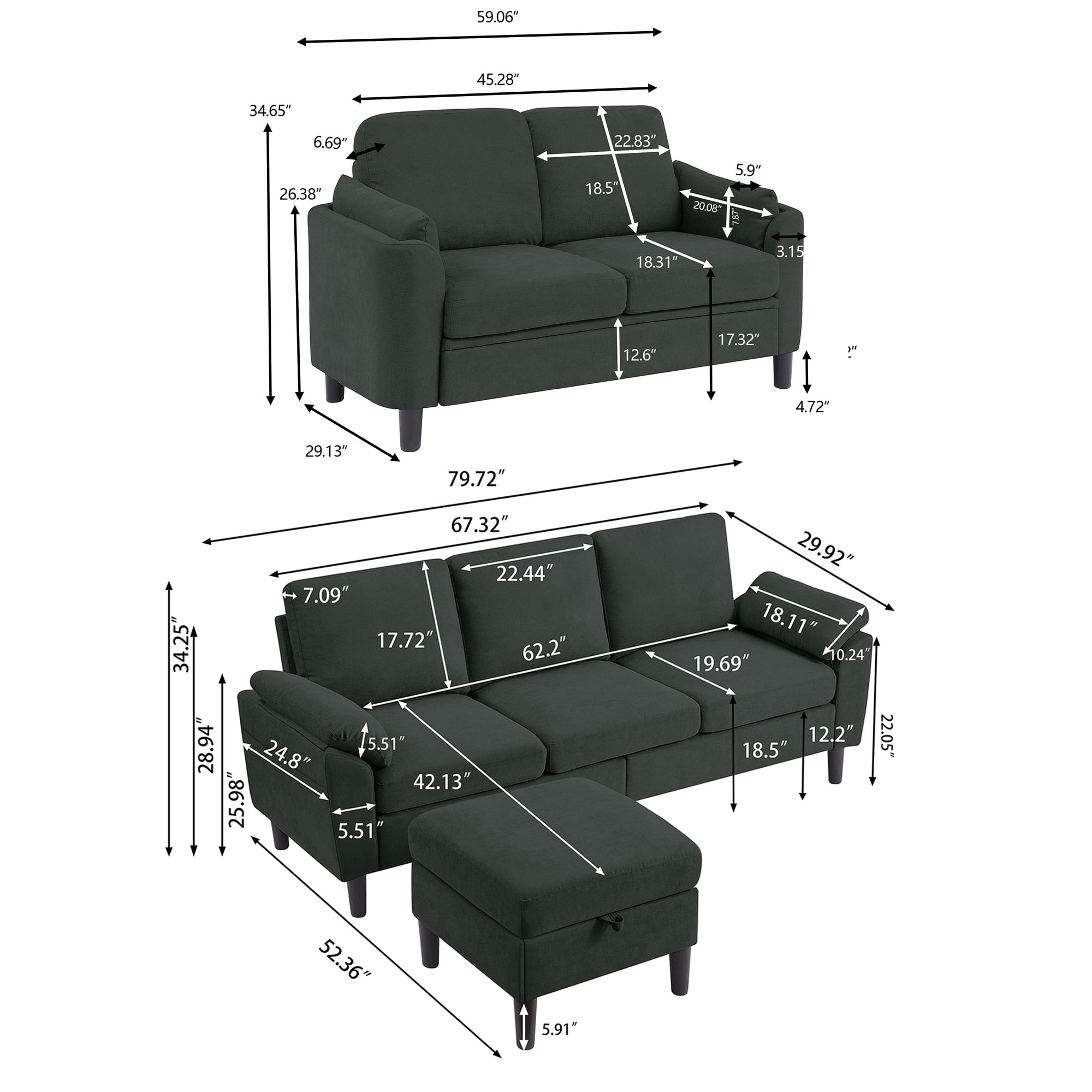 Pingliang Home Sectional Sofa Couch with Storage Ottoman and Loveseat,Modern 5 Seater Sofa Couch Set,L Shaped Couch with Footstool for Living Room Apartment Studio Office,Black