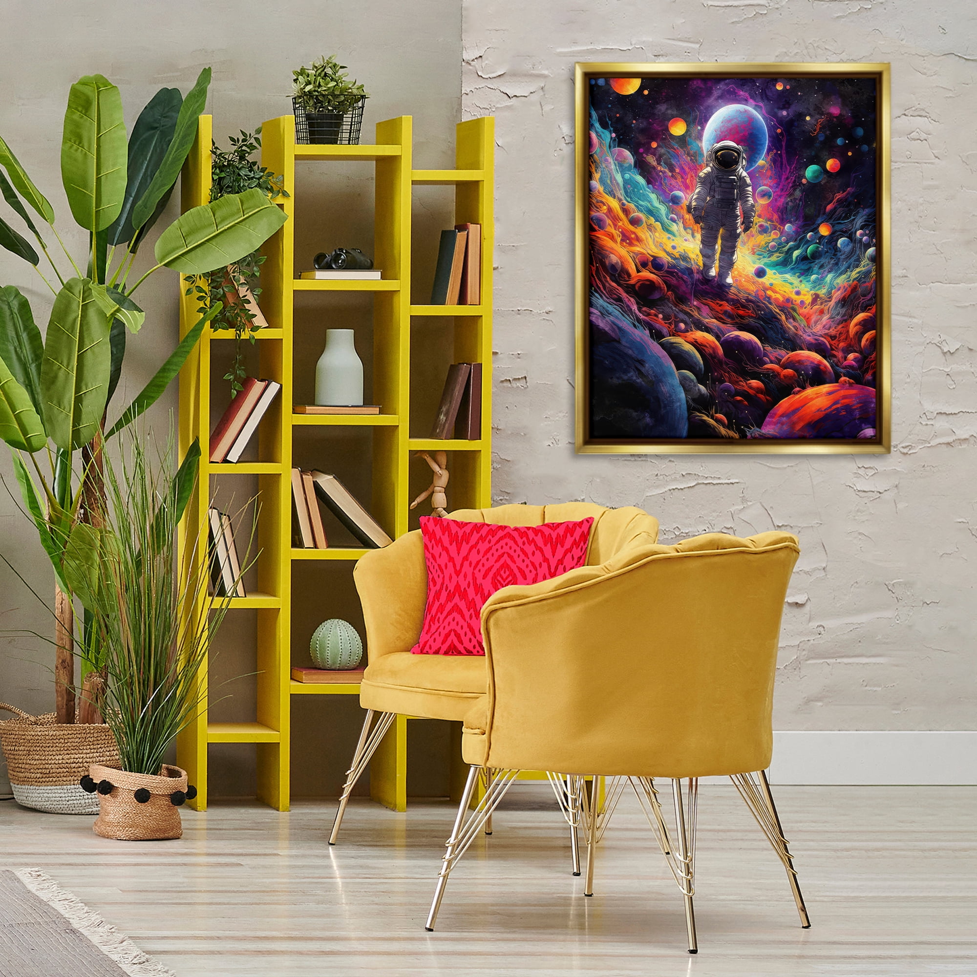 Stupell Industries Stepping on Space Terrain Astrology & Stars Painting Gold Floater Framed Canvas Art Print Wall Art, 25 x 31