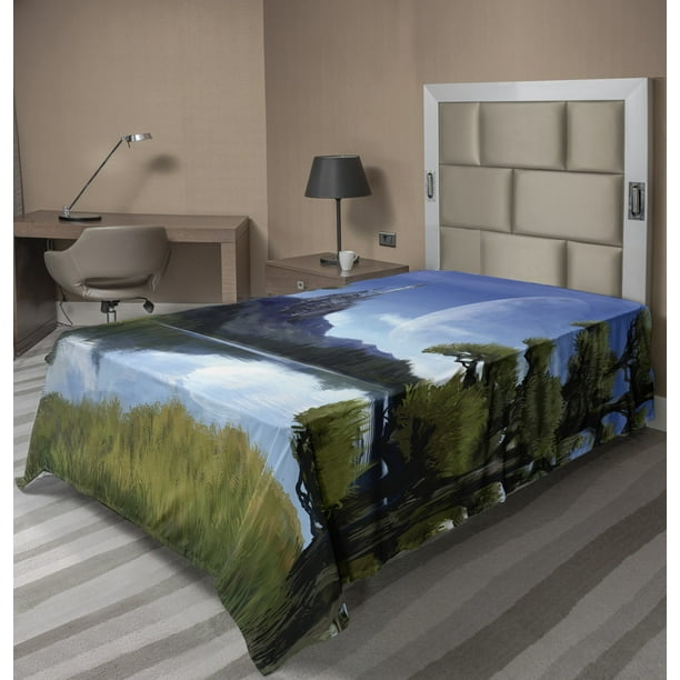 Fantasy Flat Sheet Moon Surreal Scene With Riverside Lake Forest And Medieval Castle On Hill Art Soft Comfortable Top Sheet Decorative Bedding 1 Piece 6 Sizes Green And Blue By Ambesonne