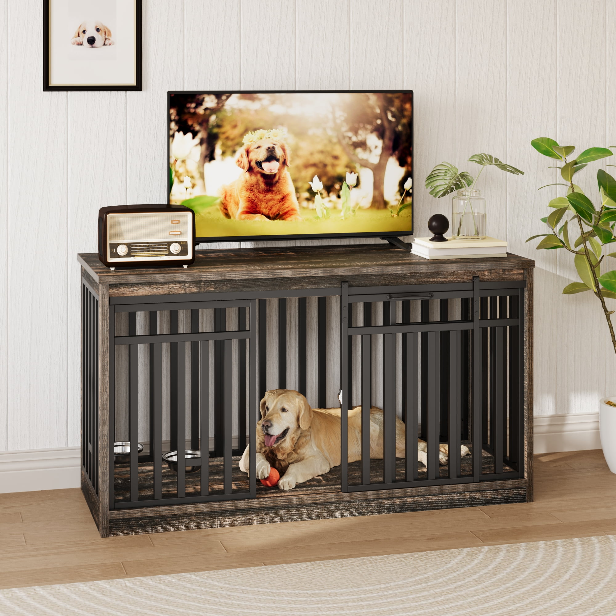 Uforic 55.1 Inch Dog Crate Furniture for Large Dogs,Indoor Furniture Style Wooden Large Dog Kennel TV Stand Sliding Doors -Black Oak