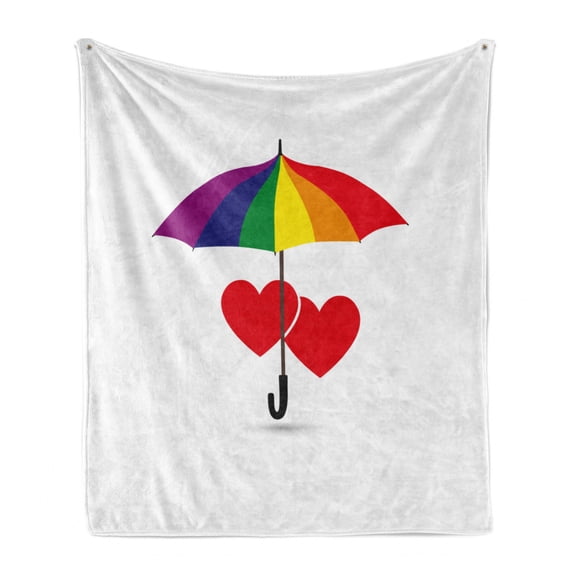 Pride Soft Flannel Fleece Throw Blanket, Heart Signs over Rainbow Umbrella Romantic LGBT Love Valentine's Day Couples, Cozy Plush for Indoor and Outdoor Use, 70" x 90", Multicolor, by Ambesonne