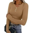 thumbnail image 3 of Otntypg Women's Long Sleeve Henley Tops Ribbed Knit Slim Fitted Trendy Solid Color Half Button V Neck T Shirt Basic Tees Layer Fall Spring Fashion Outfits with Thumb Hole Khaki L, 3 of 10