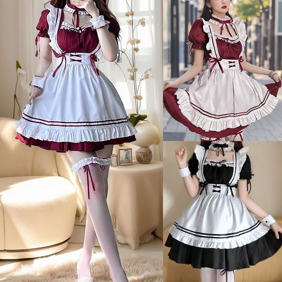 HOWPAY Halloween Costumes For Women Cute Maid Dress Japanese Style Anime Cosplay Outfit Casual Wear Fancy Dress For Party Event Halloween Costume L