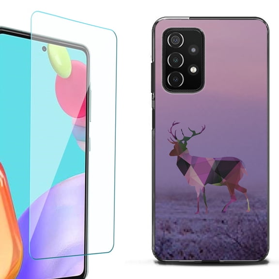 Slim-Fit Flexible TPU Gel Phone Case (black) for Samsung Galaxy A52 5G, with Tempered Glass Screen Protector, by OneToughShield ® - Deer/Polygon