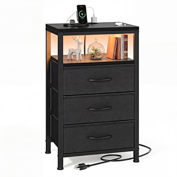IULULU 3 Fabric Drawers Nightstand with Charging & USB/Type-C Ports, Variable Light with Adjustable Feet for Bedroom, Black