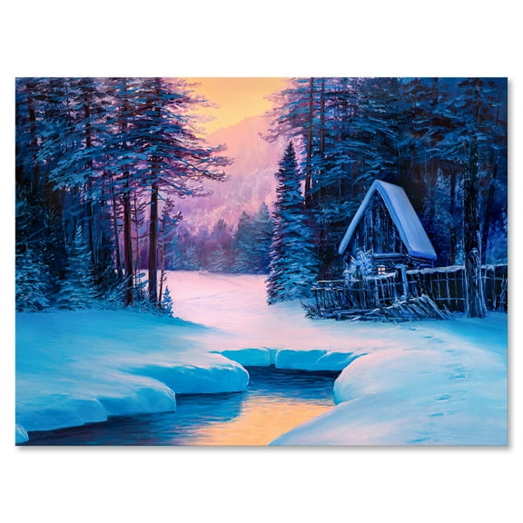 Designart ' The River House In The Woods and Winter Landscape II ' Lake House Canvas Wall Art Print