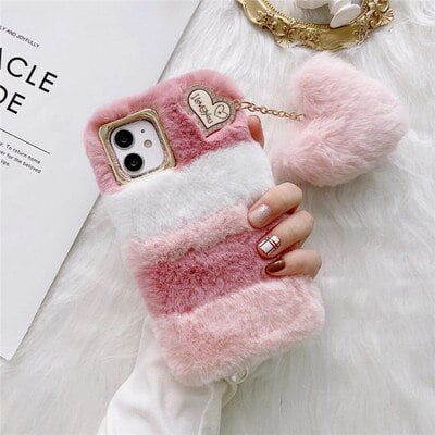 Funda de teléfono de felpa cálida para Apple iPhone 14, 13Pro, 12promax, 11promax, X, XS, XR, 8, 7 Plus, colgante, Bowknot, cubierta protectora a prueba de golpes Fivean unisex