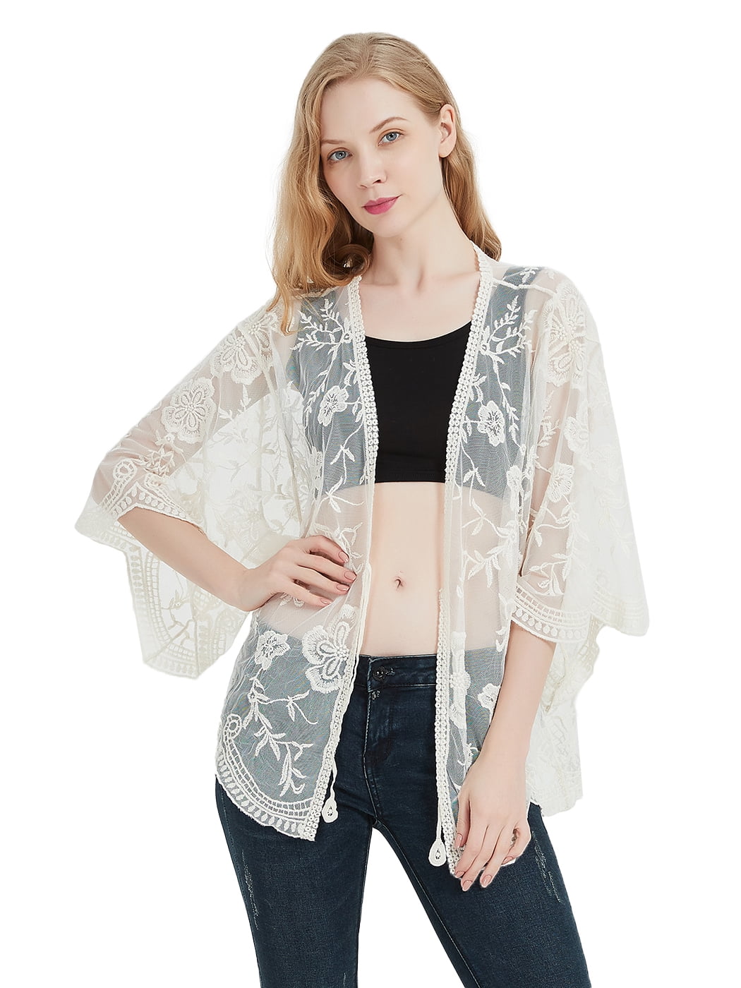 Long Embroidered Lace Kimono Cardigan 