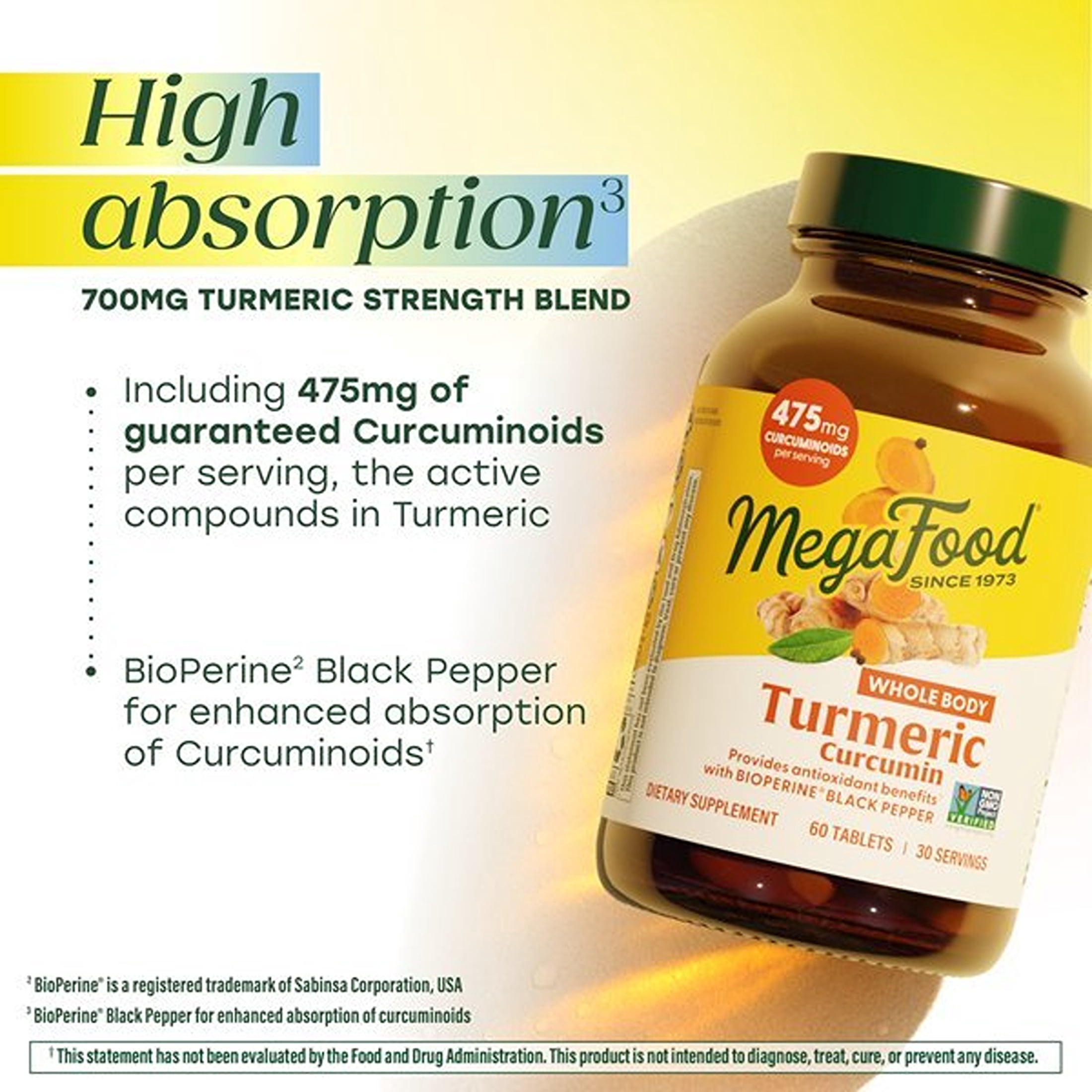 MegaFood Whole Body Turmeric Curcumin - Black Pepper & Vitamin C - Vegan - 30 Servings